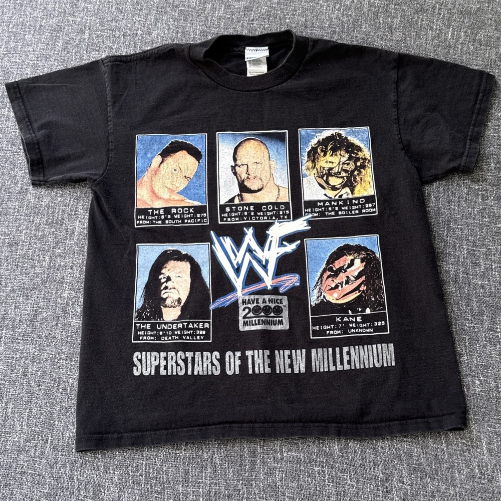 Vintage WWF Superstars Millennium Shirt KIDS Sz L‎ Black Y2K Stone Cold Rock WWE